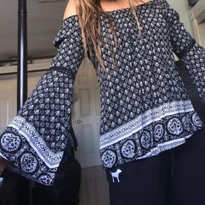 Patterned off the shoulder shirt!